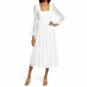 Chelsea Long Sleeve Chiffon Retro Midi Dress in white